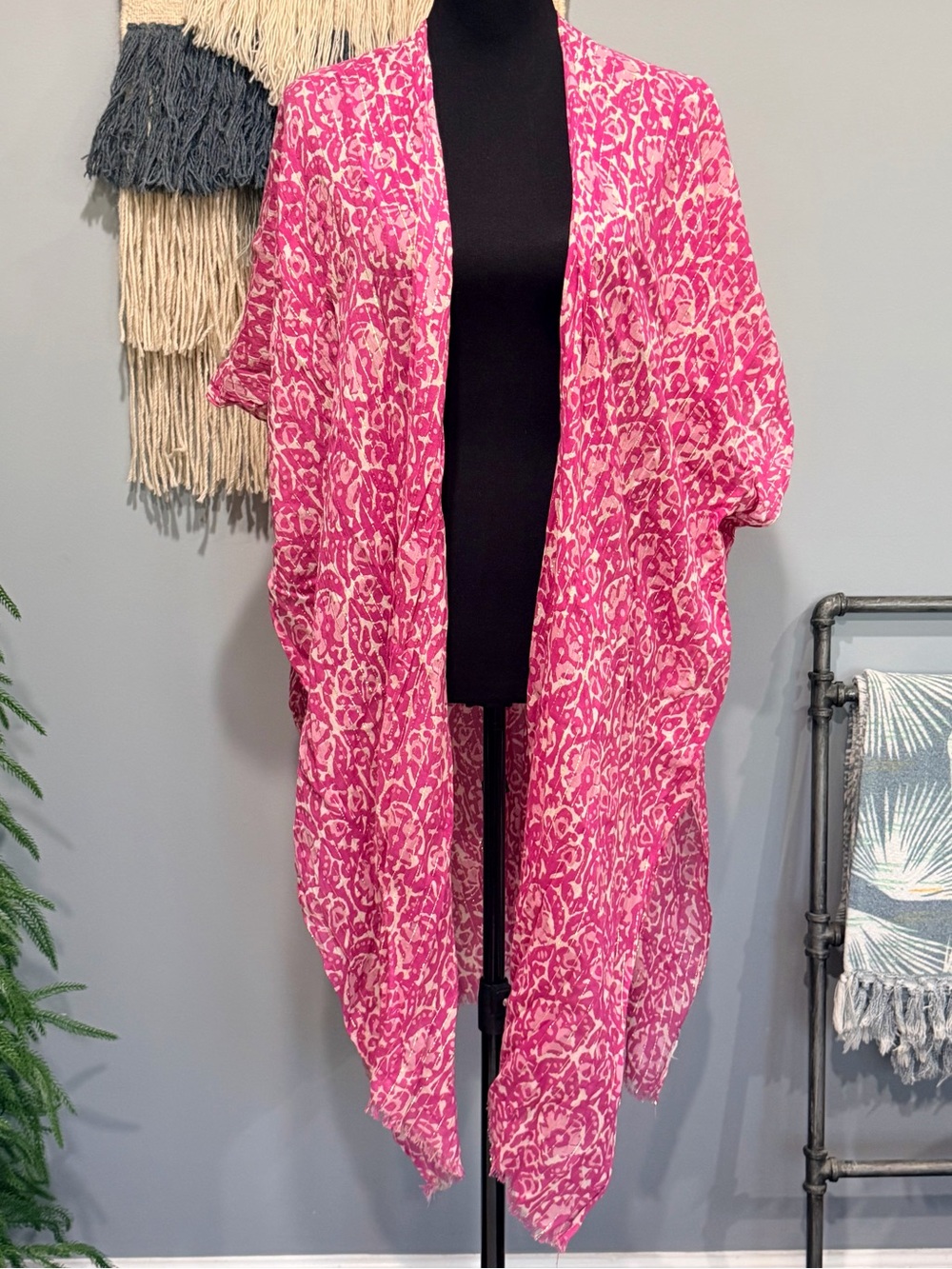 Vacay Ready Pink Gold Metallic Kimono Swim Cover Up Beach Wrap Golden Sun OS